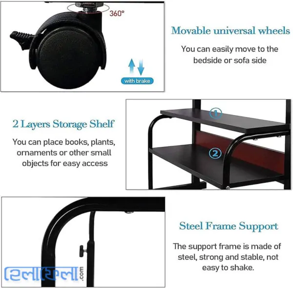 Double Layer Adjustable Table With Wheels (Premium Black Color) Double Layer Adjustable Table With Wheels (Premium Black Color)