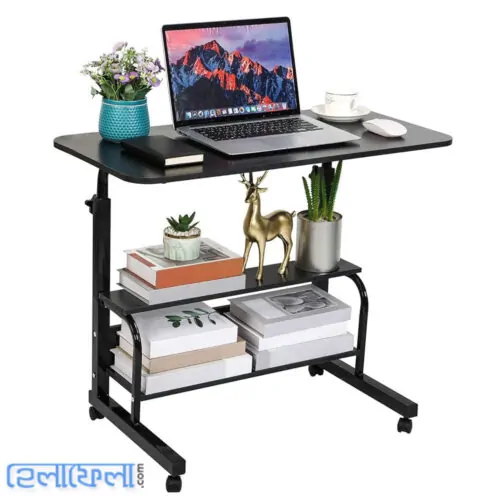 Double Layer Adjustable Table with Wheels Black Color (Premium Quality)