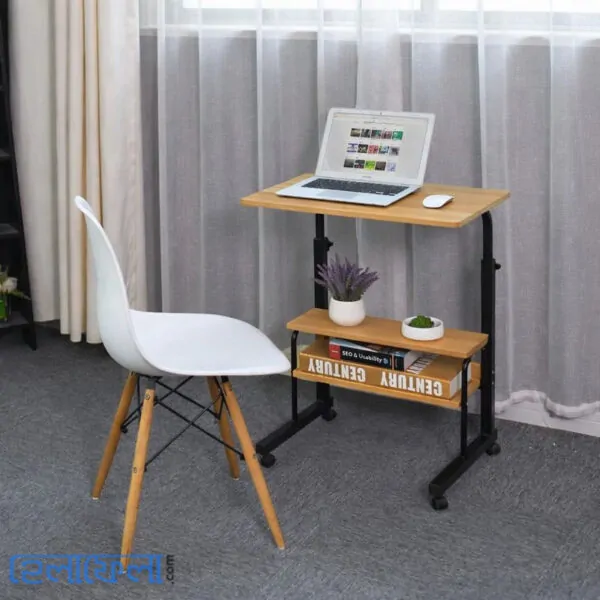 Double Layer Adjustable Table With Wheels (Premium Wood Color)