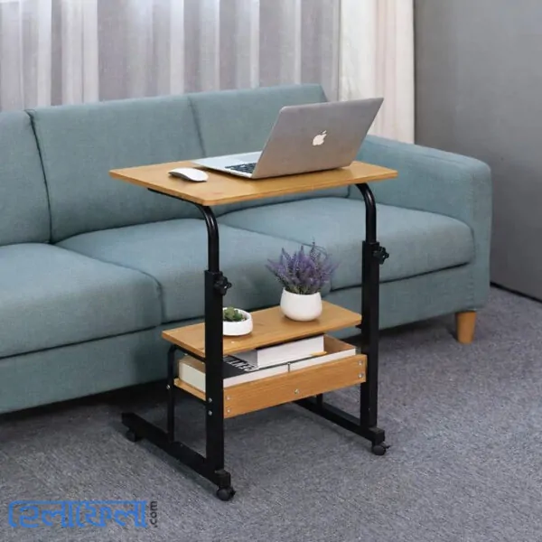 Double Layer Adjustable Table With Wheels (Premium Wood Color)