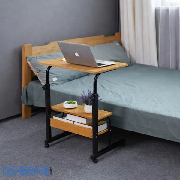 Double Layer Adjustable Table With Wheels (Premium Wood Color)