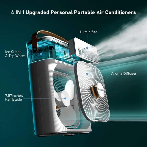 Portable 5 in 1 Air Cooling Fan with Ice Tray, Timing Evaporator Air Cooling Fan with 7 Colors, 5 Sprays, 3 Speeds