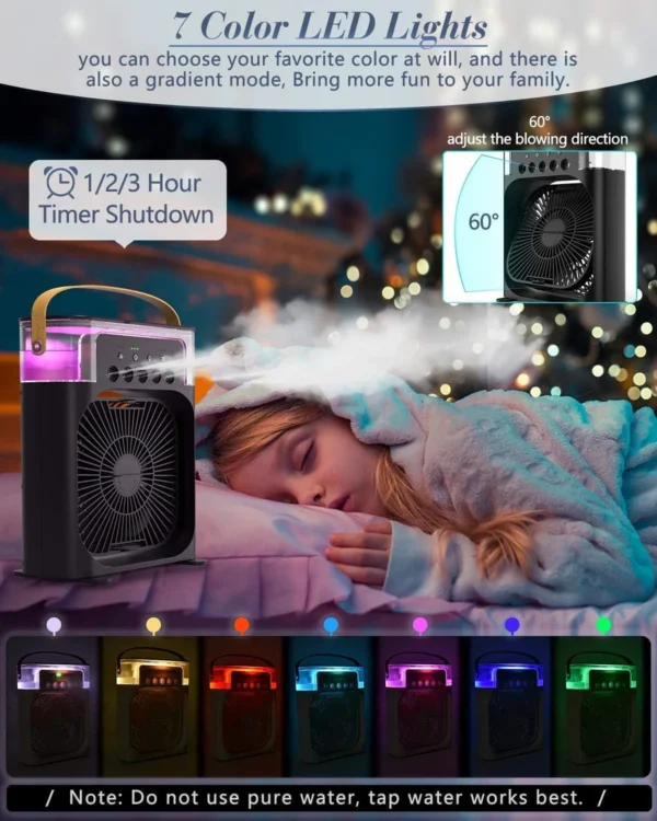 Portable 5 in 1 Air Cooling Fan with Ice Tray, Timing Evaporator Air Cooling Fan with 7 Colors, 5 Sprays, 3 Speeds