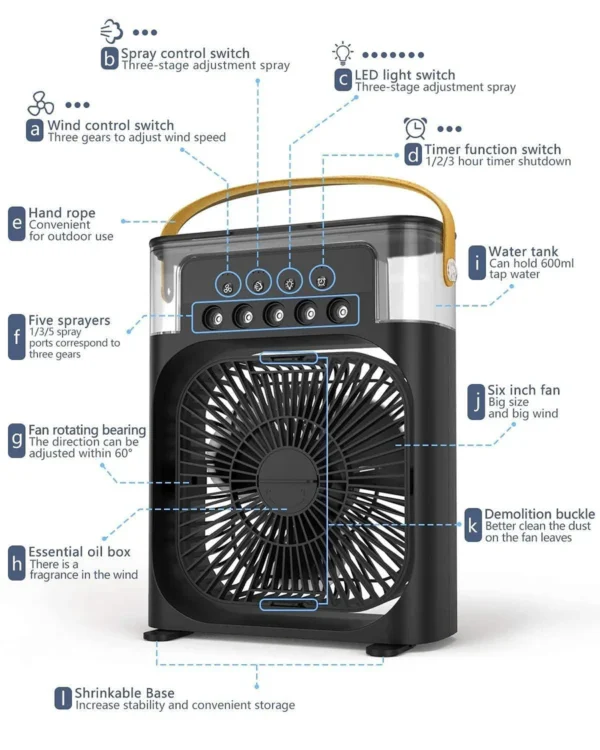 Portable 5 in 1 Air Cooling Fan with Ice Tray, Timing Evaporator Air Cooling Fan with 7 Colors, 5 Sprays, 3 Speeds