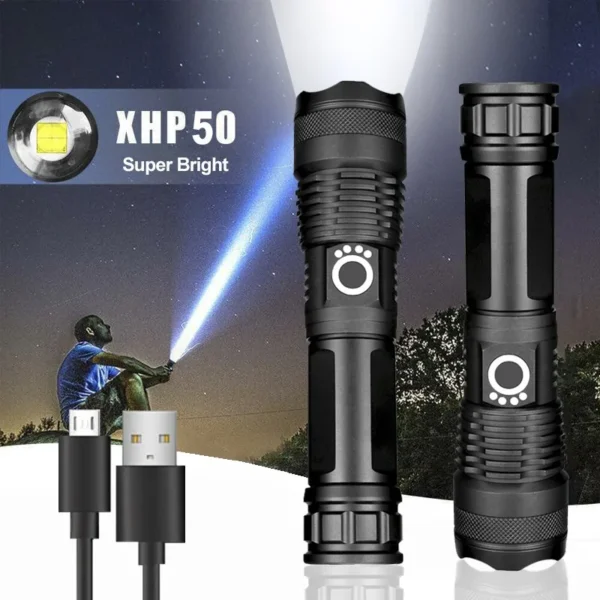 Rechargeable Zoom LED Flashlight USB with battery
